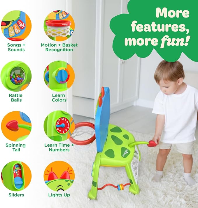 Move2Play, Dinosaur Basketball Hoop & Soccer Goal Activity Center | 30+ Sounds & Songs + 5 Lights | 1 2 3 Year Old for Boys and Girls | Toy & Gift for Baby & Toddlers
