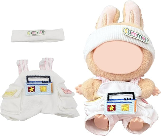 17cm Doll Clothes Set for Labubu – White Outfit with Headband & Overalls – Designer Clothes for 17cm Sitting or Standing Dolls (No Doll)