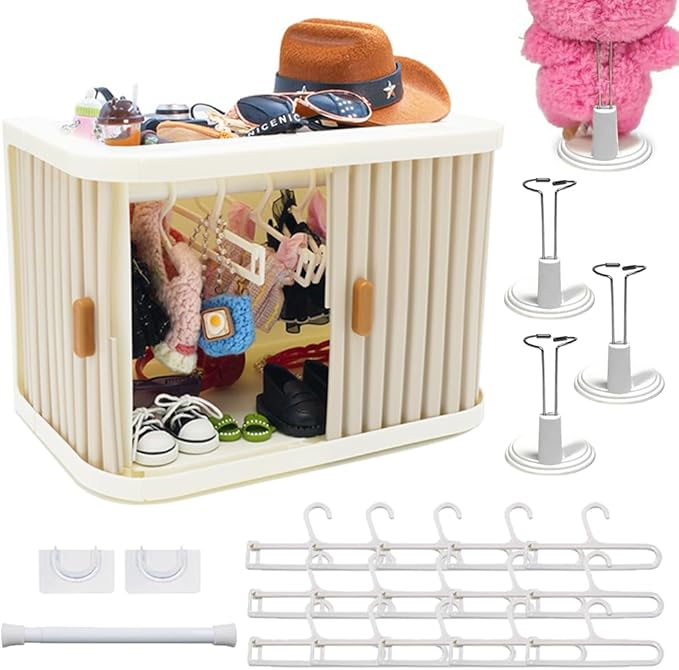 Foldable Doll Wardrobe Storage Compatible with Labubu - Complete Display Kit with 15 Hangers, Rod & 4 Stands - Sliding Door Organizer with Top Shelf