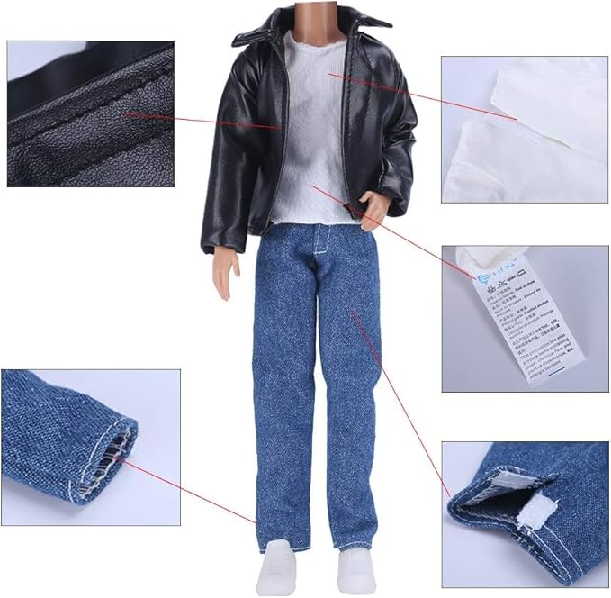 E-TING 10-Item Fantastic Pack = 5 Sets Fashion Casual Wear Clothes Outfit for boy Doll with 5 Pairs Shoes (Leather Jacket + Casual Wear Clothes + Swimwear)