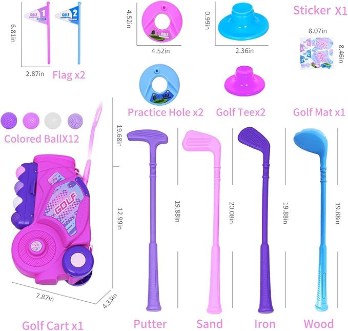 Nattork Toddler Golf Set for Boys Girls Aged 1 2 3 Years Old, Upgraded Kids Golf Cart with 4 Clubs & 12 Balls, Outdoor Indoor Sports Toy Birthday Gift, Rose
