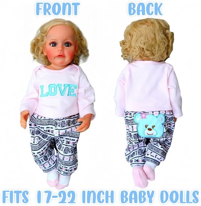Reborn Baby Dolls Clothes Love Pattern 4pcs Set for 17-22 Inch Newborn Baby Doll Girl, Doll Clothing Cute Bear Outfit Accessories fit 17-22 Inch Reborn Doll Girl&Boy