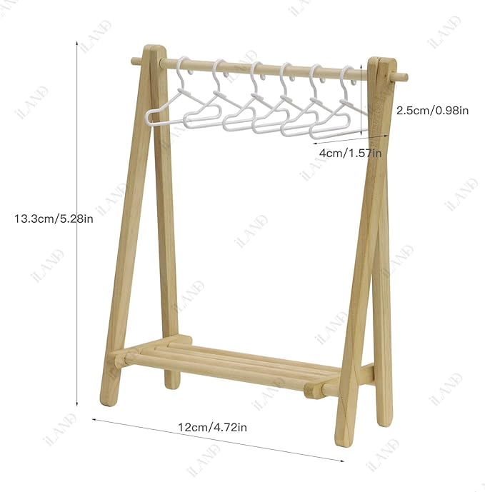 ILAND 1/12 Scale Accessories Dollhouse Miniature Rack w/ 6 Mini Hangers, Plant Hanger for Living Room, Bathroom, Bedroom (1 Foldable Rack w/ 6 Mini Hangers)