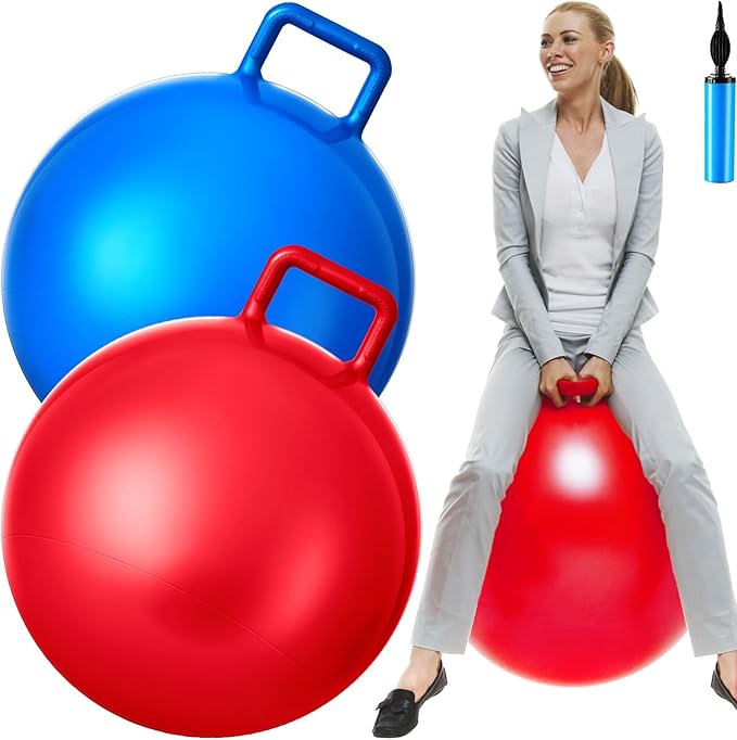 Lewtemi 2 Pcs 29 Inch Big Bouncing Ball with Handle Jumping Hopper Bouncy Ball for Adults Exercise and Air Pump for Outdoor Sports Game(Red, Blue)