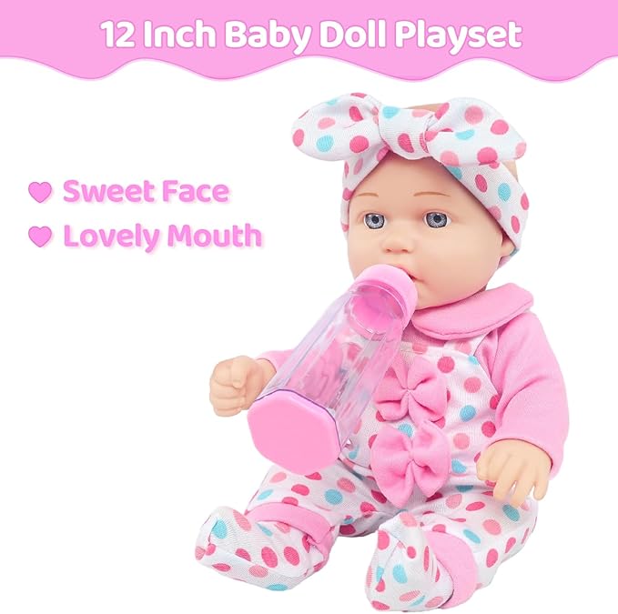 UNICORN ELEMENT 12 Inch Baby Dolls with Clothes Accessories Playset, 7 Set 12 Inch Baby Doll Bottle Pacifier Pretend Game for 3+ Years Old Girls Gifts in Box