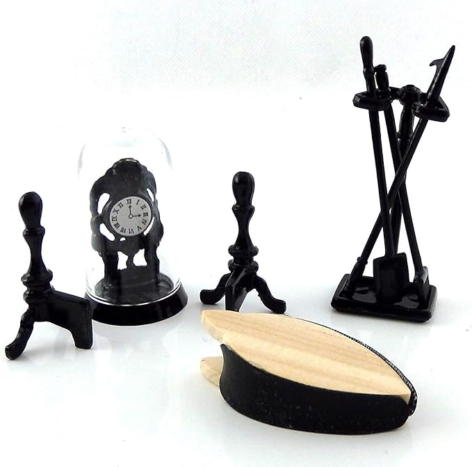 Melody Jane Dolls House Victorian Fireplace Companion Set & Clock Black Miniature Accessory