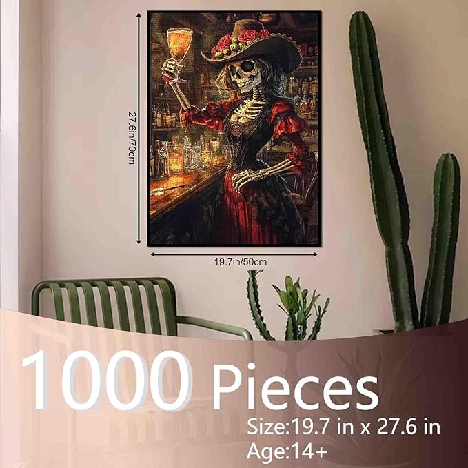 Skeleton Woman Halloween Jigsaw Puzzles for Adults 1000 Pieces Tavern Day of The Dead Art DIY Craft for Home Decor Gifts Family Puzzle Perfect for Game Nights 19.7 x 27.6 Inch
