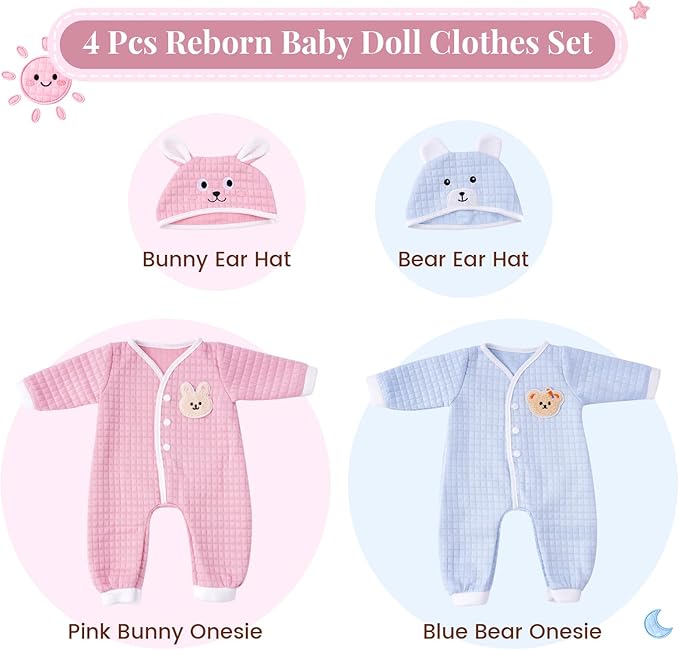 Babeside 4 Pcs Reborn Baby Doll Clothes Set – Soft & Washable Doll Clothes for 17-22 Inch Dolls, Perfect Reborn Babydoll Accessories for Kids, Gift-Ready Outfit Set