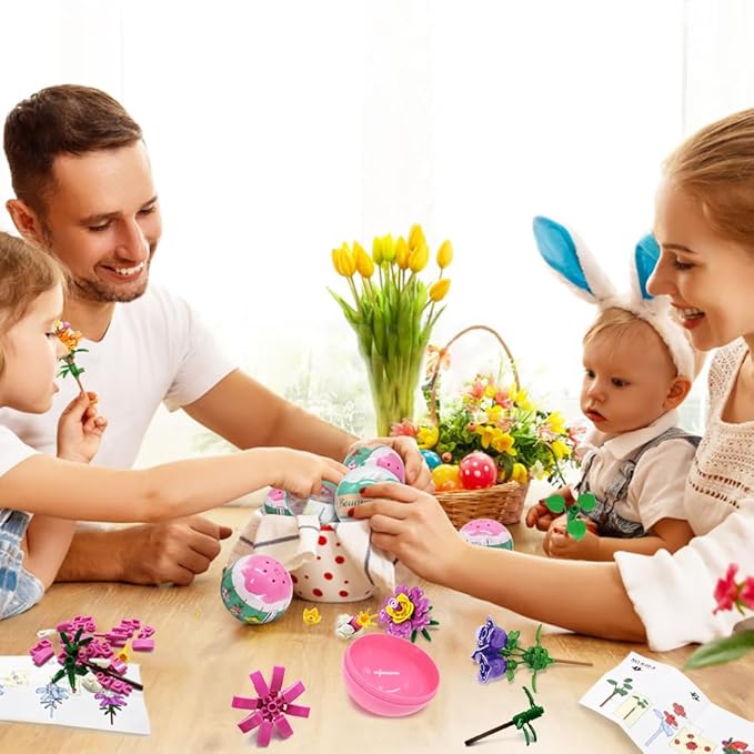 UMEELR Pre Filled Easter Eggs with Flowers, 12Pcs DIY Flower Surprise Building Blocks Toys for Basket Stuffers, Easter Egg Hunt Classroom Prize Toys