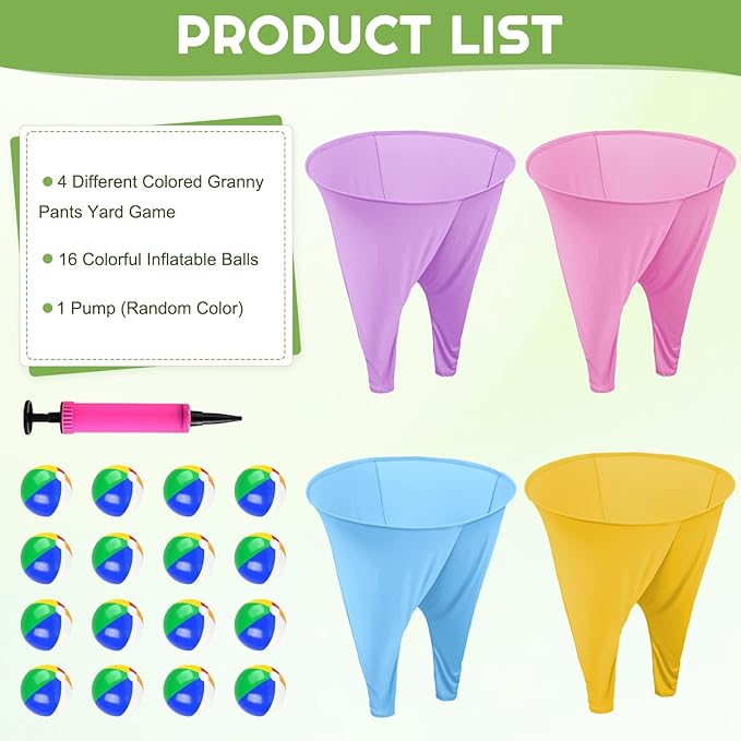 Adult Granny Pants Outdoor Game 4 Pack of Mixed Color Granny Pants Yard Game with 16 Bouncy Balls and 1 Air Pump (Random Colors) Granny Pants Game Large for Family Reunions Field Day