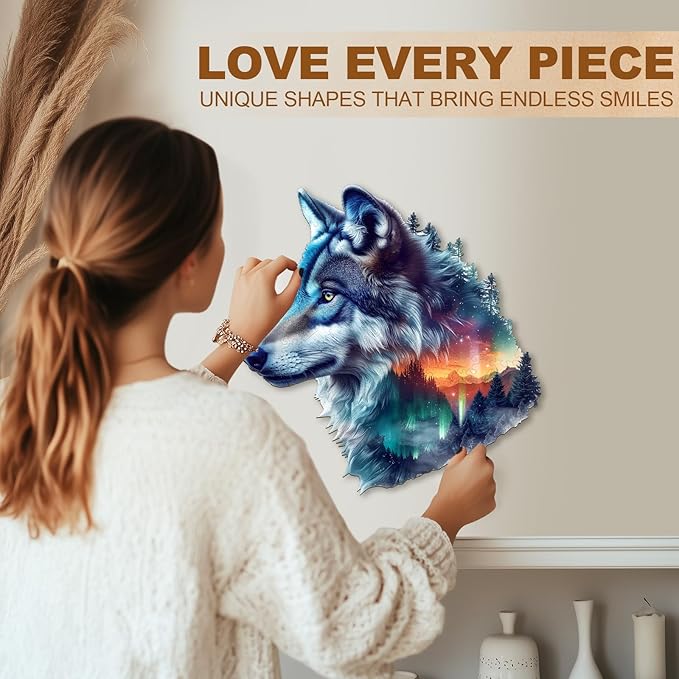 Wooden Puzzles for Adults, Aurora Wolf Jigsaw Puzzles, 90 Piece Unique Shaped Puzzle, Animal Shape Puzzle, Gifts for Adults/Friends/Family, Family Game，Wall Decor(8.5 * 8.1in)