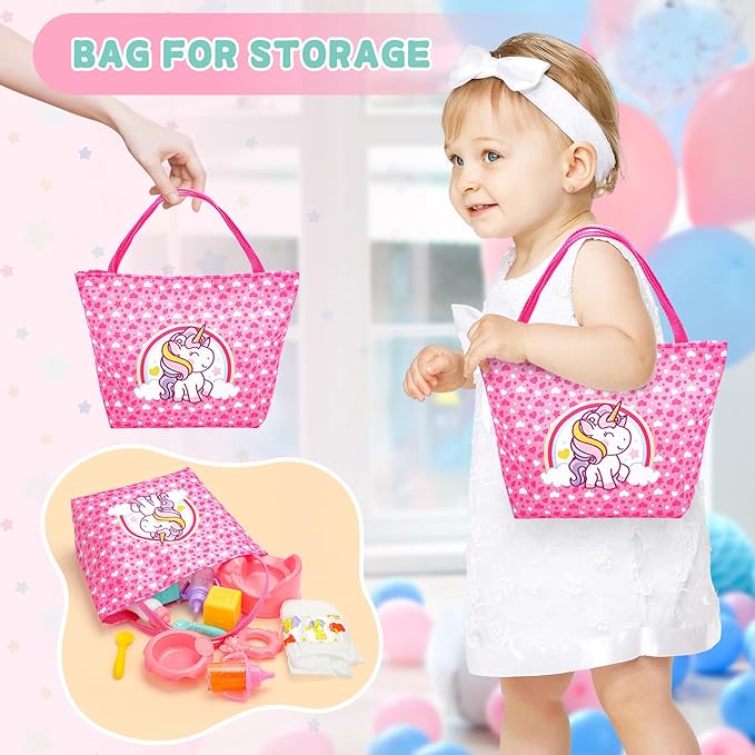 deAO Baby Doll Playset Baby Doll Crib Bed Set Adjustable 2 in 1 Baby High Chair and Rocking Bed, Baby Doll Accessories with 13 Inch Dolls, Feeding Pretend Play Toy Gift for Toddler 3+ Years Old