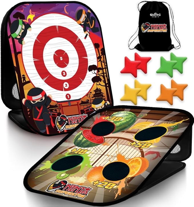 Swooc Games - Ninja Superstar™ | 2-in-1 Corn Hole Games for Kids | 5-Second Setup | Ninja Toys for Boys | Bean Bag Toss Game for Kids | Cornhole Game Set Outdoor | Outdoor Toys | Throwing Star