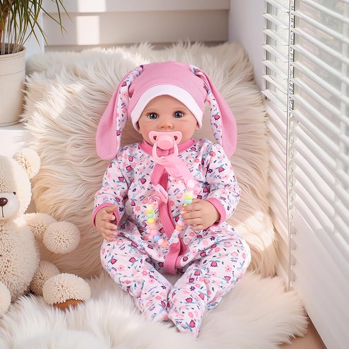 BABESIDE 4 Pcs Reborn Baby Doll Accessories and Clothes for 17-20 Inch Baby Dolls, Pink Floral Doll's Clothes Set with Hat, Pacifier and Chain for Dolls Girls Boys (Doll not Included)