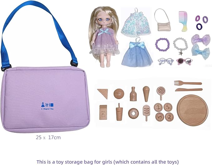 Kids' Portable Travel Toy Storage Bag, Convenience Store Cash Register Pretend Play Set with Realistic Play Food, Doll Dress-Up Outfits & Accessories, Birthday Gift for 3-8 Year Old Girls