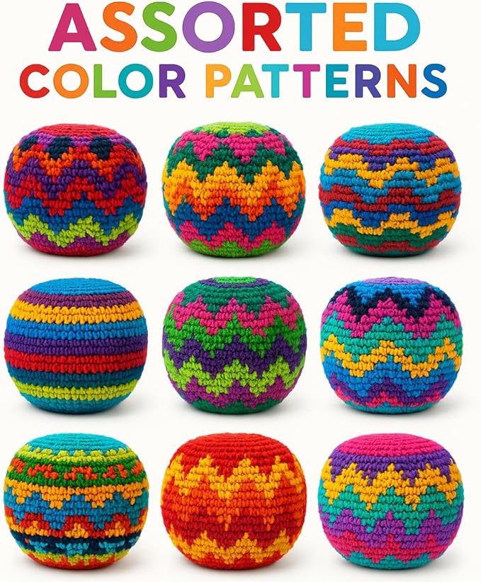 Funny Guy Mugs Multicolored Crochet Assorted Geometric Pattern Hacky Ball, Foot Bag Kick Sack, Indoor and Outdoor Toys for Kids and Adults, Set of 3