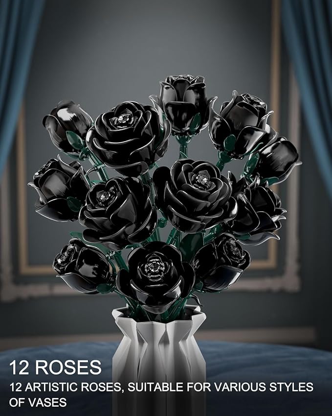Black Roses Flowers Building Sets, Artificial Bouquet Botanical Collection Building Blocks for Adults, Gothic Home Decor, Christmas Birthday Gift for Adults Women, Girls Age 8-12 (512Pcs)