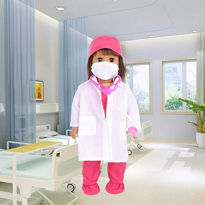 MSYO 18 Inch Doll Doctor Playset-Pretend Play Medical Kit with White Coat,Scrubs & Surgical Tools,Stem Roleplay Costume for Kids Ages 3-12,Fits Most 18 Inch Girl & Boy Dolls(Rosy)