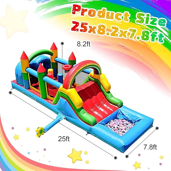 25FT Commercial Grade Bounce House for Adult, (Heavy Duty PVC)(1100W UL Blower) Inflatable Obstacle Course, with Water Slide, Splash Water Pool Ball Pit, Large Backyard Lawn Party Game
