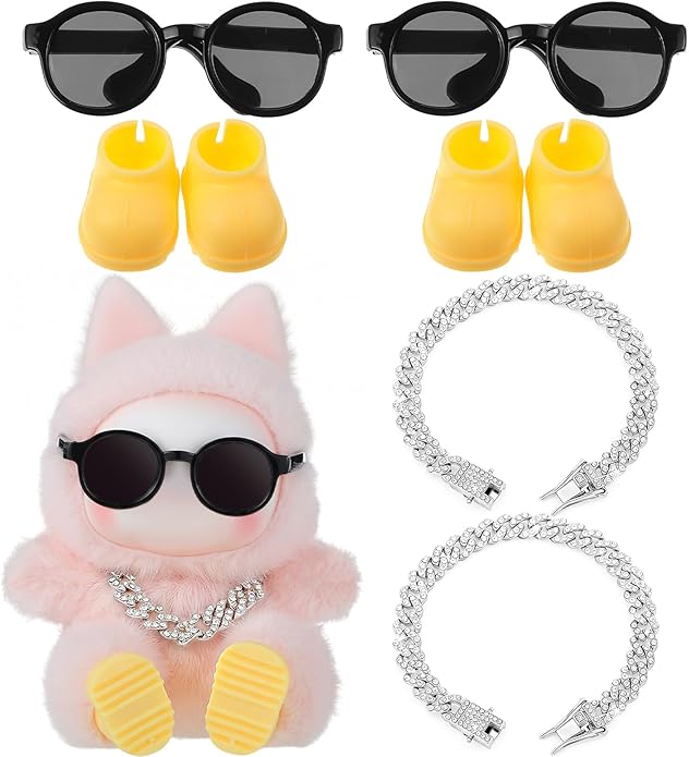 Simgoing 6 Pcs 2 Set Doll Cloth Outfit Accessories for 6.7 inches/ 17 cm, Gold Necklace Chain Shoes Sunglasses (No Doll)