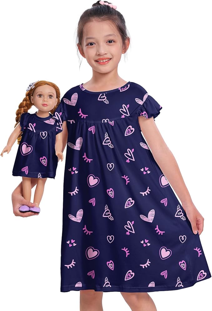 ICOSY Matching Doll & Girls Nightgowns Clothes Girls Pajamas Sleepwear Outfit for Kids and 18" Girl Doll