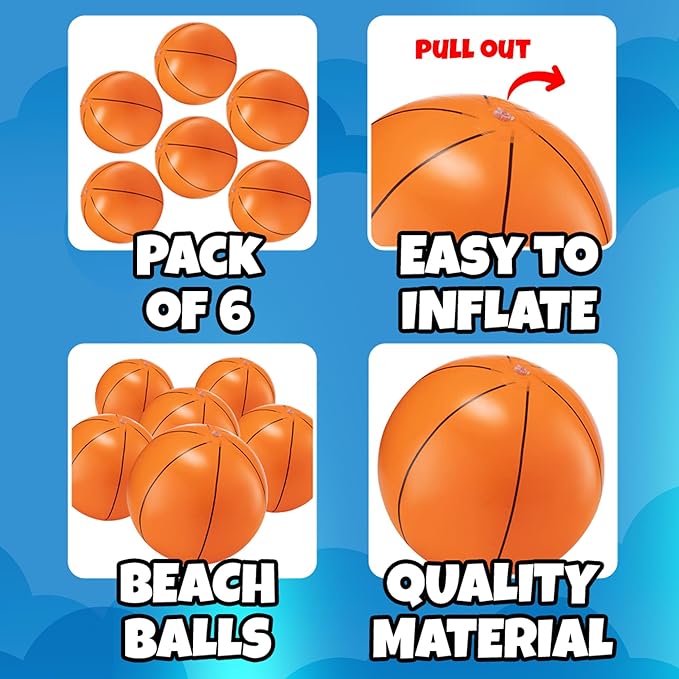 Inflatable Beach Balls (6 Pack) - 16-Inch Durable PVC Blow Up Beach Balls for Kids, Easy to Inflate, Summer Pool Float, Party Favors, Sports Theme Decorations, Giveaways & Outdoor Toys