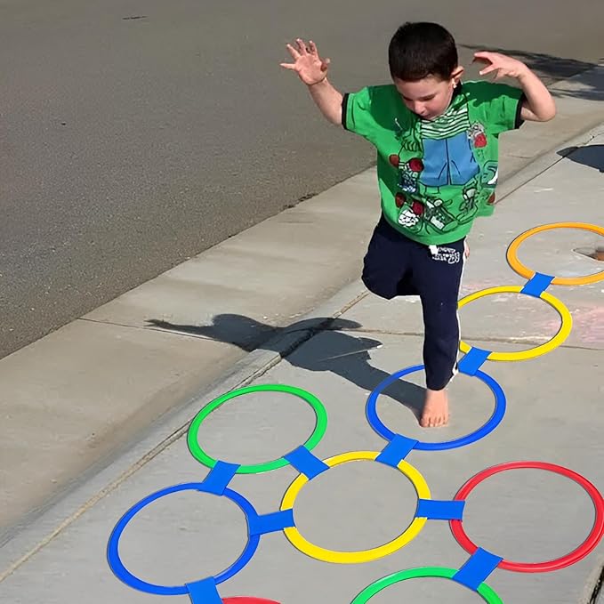 Hopscotch Rings- 11in Hopscotch Game Hoops Circles with 15 Connectors for Kids Balance Agility Training Obstacle Course, Children Birthday Fun Play Indoor Outdoor Backyard Playground Activity