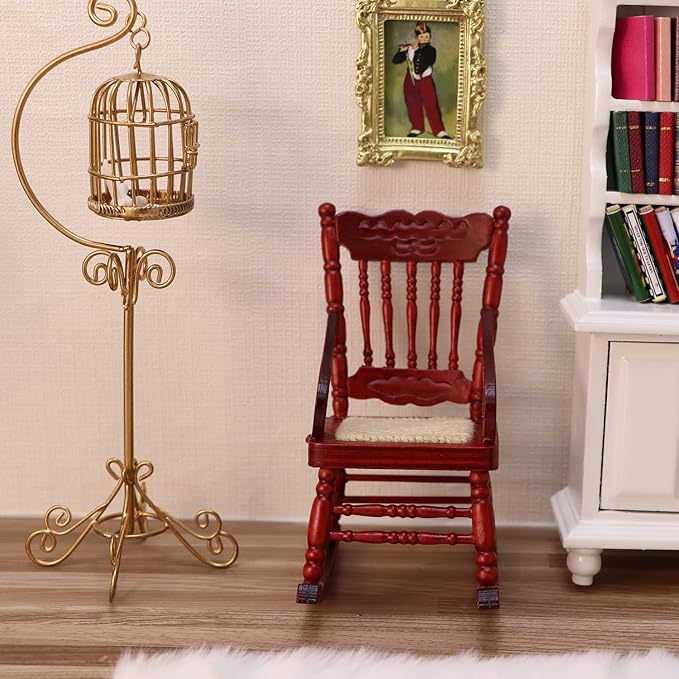 Dollhouse Miniature Rocking Chair 1:12 Scale Wooden Furniture Accessories Tiny Mini House Home Outdoor Decoration Model Living Room Scene Christmas Craft Displays (Red)