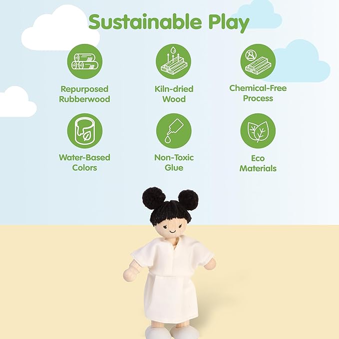 PlanToys® Girl Wooden Dollhouse Figurine | Poseable 1:12 Scale Mini Doll (4 Inch) | Dollhouse Accessories for Pretend Play | Eco-Friendly Montessori Toy for Kids Ages 3+