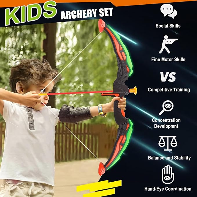 TWFRIC 2 Pack Bow and Arrow for Kids - LED Light Up Archery Set with 16 Arrows, 1 Standing Target & 2 Quivers - Fun Indoor/Outdoor Toy for Boys & Girls Aged 3-12