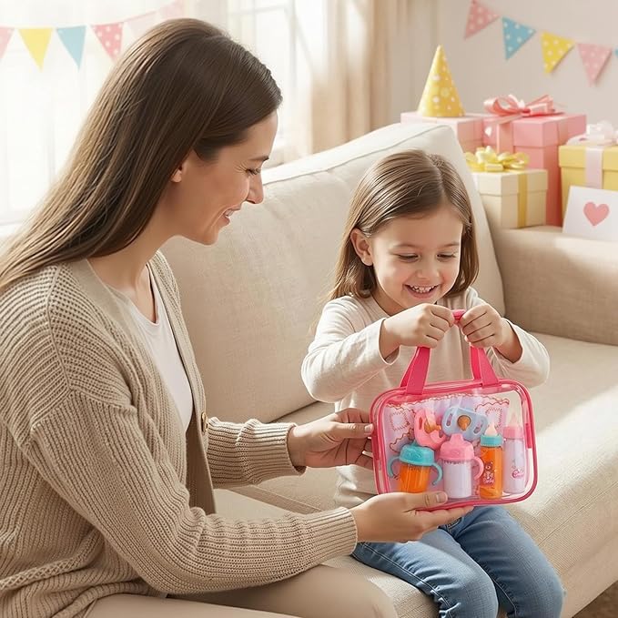 BABESIDE Baby Doll Accessories – 9 Pcs Feeding Set with Magic Bottles, Pacifiers, Bibs, Diapers & Carry Bag, Pretend Play Kit for 12–15 Inch Dolls