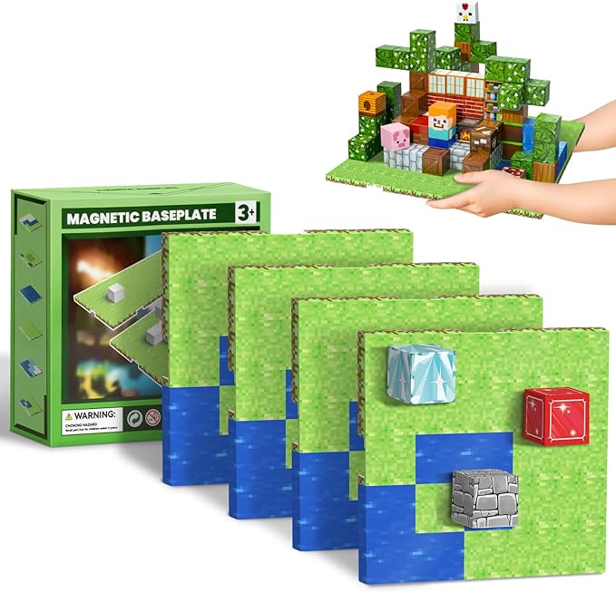 4PCS Baseplate for Minecraft Magnetic Blocks, Magnetic Building Blocks Baseplate Magnet Toys for Kids Ages 4-8 8-12-Baseplate 4" x 4", STEM Building Toys Birthday Gifts for Boys Girls, River