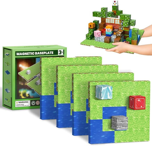4PCS Baseplate for Minecraft Magnetic Blocks, Magnetic Building Blocks Baseplate Magnet Toys for Kids Ages 4-8 8-12-Baseplate 4" x 4", STEM Building Toys Birthday Gifts for Boys Girls, River