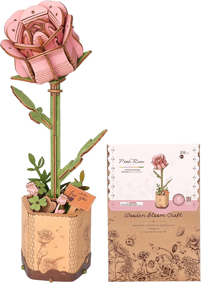 ROBOTIME 3D Wooden Flower, Pink Rose TW041 DIY Craft Kit for Adults, Artificial Floral Decor for Table, Centerpiece, Gift for Women
