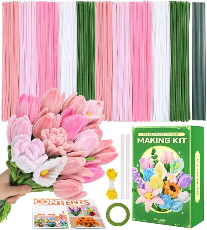 Praisebank Pink Pipe Cleaners for Crafts (400pcs with Instruction), Flower Making Kit, Chenille Stems for DIY Projecets, Arts & Crafts Supplies for Festival Party Decorations