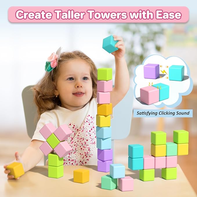 Magnetic Blocks for Toddlers 1-3, 56PCS 1.34in Large Macaron Magnet Building Cubes for Kids, Stem Preschool Stack Construction Educational Toys for 3-5 Years Old Boys Girls