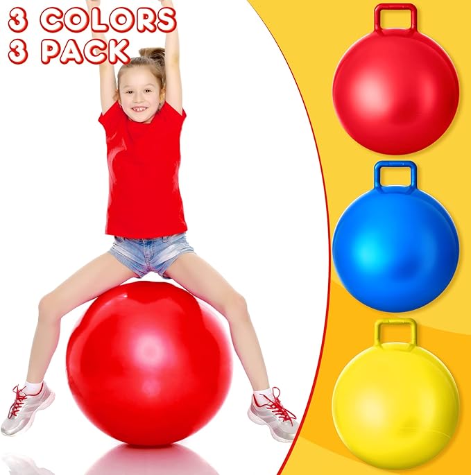 Lewtemi 3 Pcs Hopper Ball Jumping Hopping Ball, Exercise Ball Bouncing Ball with Handle and Air Pump for Outdoors Sports School Games Exercise (22 Inch,Red, Blue, Yellow)
