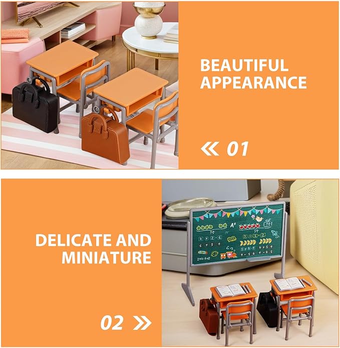 TOYANDONA 13pcs Miniature School Supplies - Doll School Supplies Mini Dollhouse Accessories Include Desk Chair Set Doll Schoolbag Blackboard Book for Miniature Classroom Furniture
