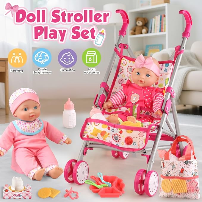 YIYBM Baby Doll with Stroller Set with 12.5" Baby Dolls, Handbag, 2 Sets Doll Clothes and 16 PCS Doll Accessories. Baby Stroller Toys for Toddler Girls Kids Ages 3-5 4-6 for Pretend Play.