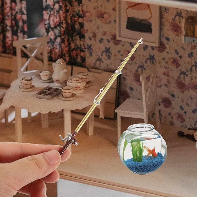 Toddmomy Miniature Fishing Rod and Net Small Decorative Dollhouse Fishing Pole Models for Fairy Garden Living and Bedroom Scene Accessories