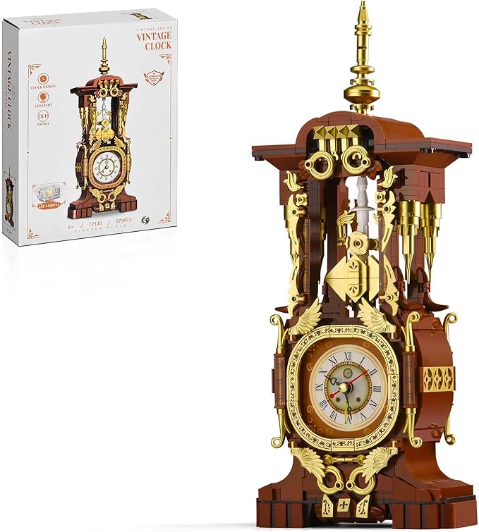 Retro Clock Building Set for Adults, Vintage Pendulum Model with Rotating Gears, Mechanical Building Blocks Toy, Gift for Boys and Girls 8+(879PCS)
