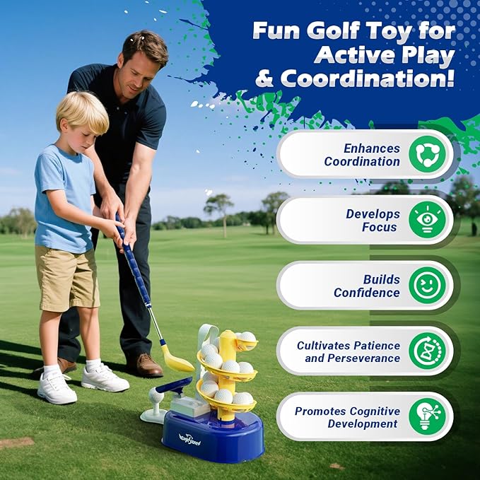 EagleStone Toddler Golf Set with Foot Pedal Launcher, Kids Golf Toy for Ages 3-8, Includes Adjustable Golf Club, 15 Balls & Golf Cart, Indoor&Outdoor Sports Gift for Boys and Girls