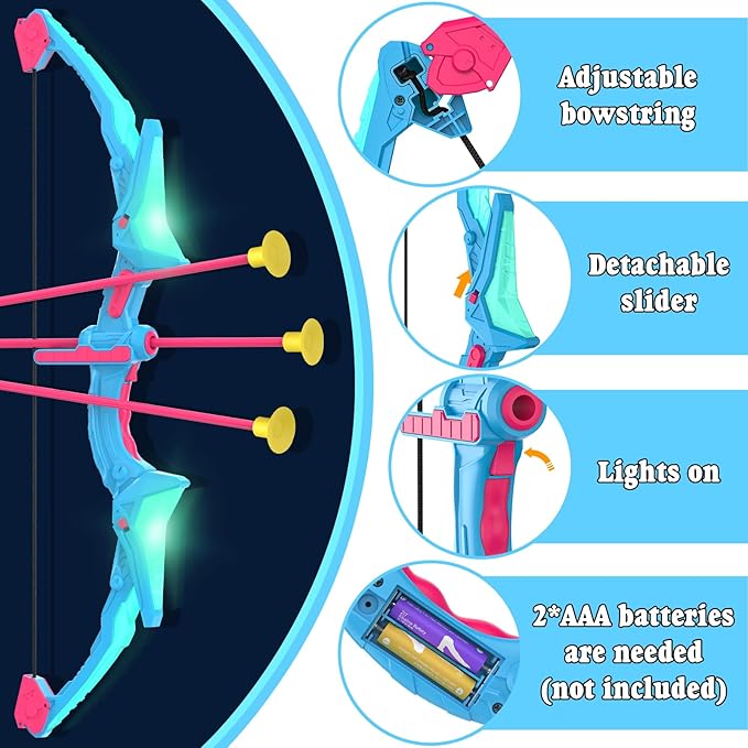 2 Pack of Kids Bow & Arrow Set, Light Up Archery Toy Set with 14 Suction Cup Arrows Standing Target, Perfect Indoor Outdoor Toys Birthday Gifts Ideas for Boys Girls, Medium