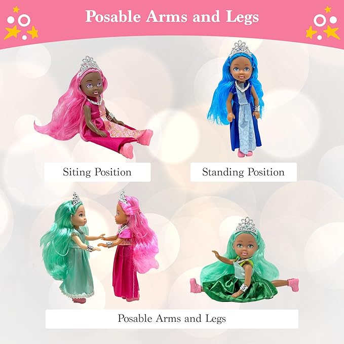 Little Dolls Set with Mini Princess Dolls for Girls – Princess Toy Dolls for Dollhouse –Small Doll Mini Princess Figures with Tiaras, Hair Accessories