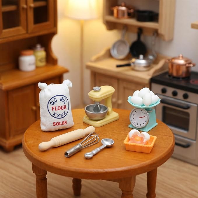 15PCS Miniature Dollhouse Kitchen Accessories,1 12 Scale Mini Stuff with Stand Mixer, Kitchen Scale, Flour, Rolling Pin and Others,Mini Dollhouse Accessories