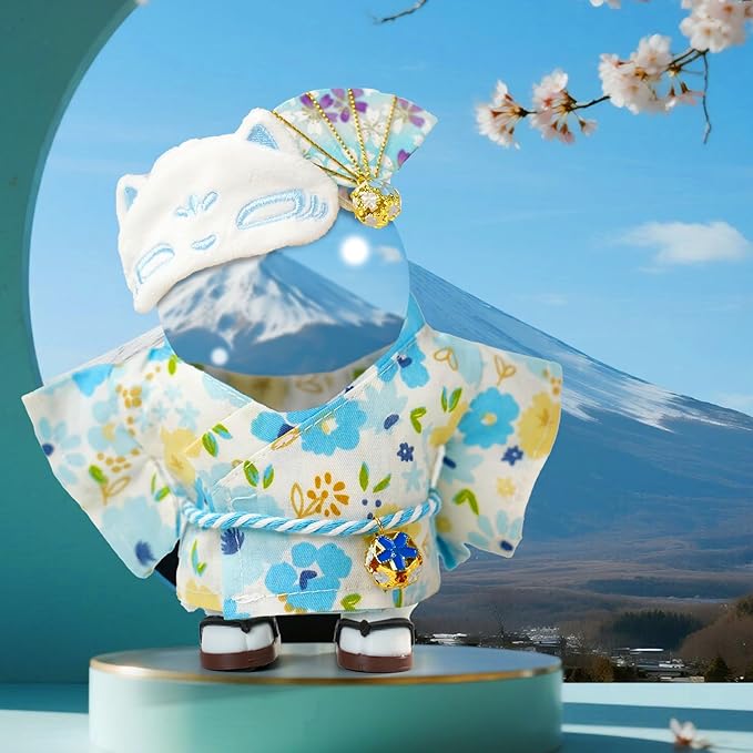 17cm Doll-Clothes-Set,Outfit Accessories Kimono Set for 6.7inch Dolls Boy, Kawaii Chic Style Flower Hairbow+Blue Clothing+Cute Mak+Clogs(NO Doll)