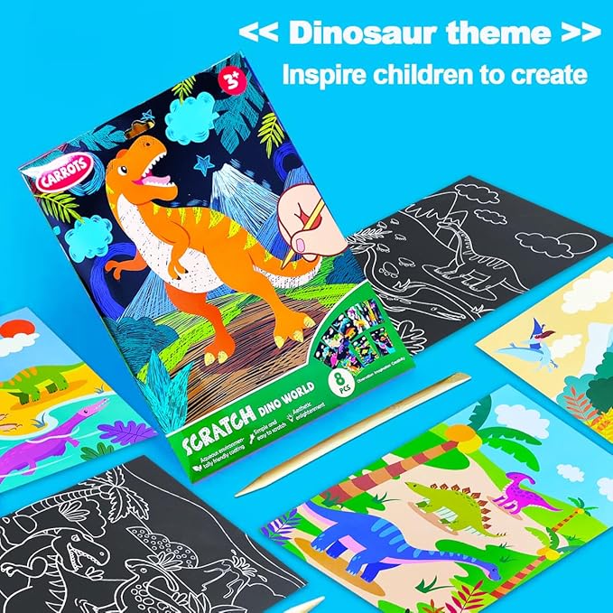 JUNQIU Scratch Art for Kids, Dinosaurs Black Rainbow Scratch Art Paper Set-Arts and Crafts & Supplies, DIY Activity & Party Games, Gifts for Toddlers, Girls & Boys Ages 3, 4, 5, 6, 7, 8