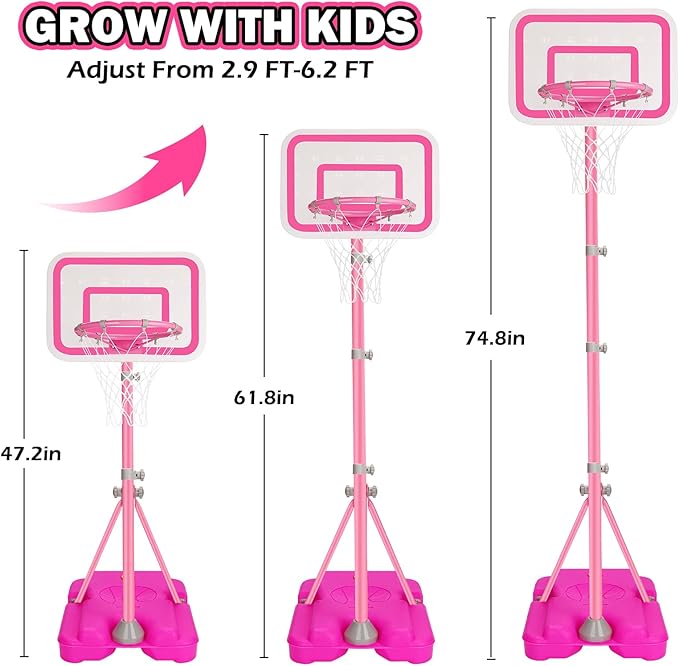Toddler Basketball Hoop for Girls Pink Basketball Goals Adjustable Height 2.9ft-6.2ft Kids Basketball Hoop Indoor Outdoor Play Outside Backyard Toys for 3 4 5 6 Year Old Girl Birthday Easter Gifts