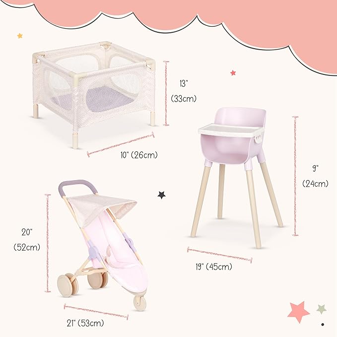 LullaBaby – 14-Inch Realistic Baby Doll & Accessory Bundle – Fair Skin Tone & Blue Eyes – Nursery Care Set – High Chair, Playpen & Jogger Stroller – Pretend Play Toys – Kids 2+ Years