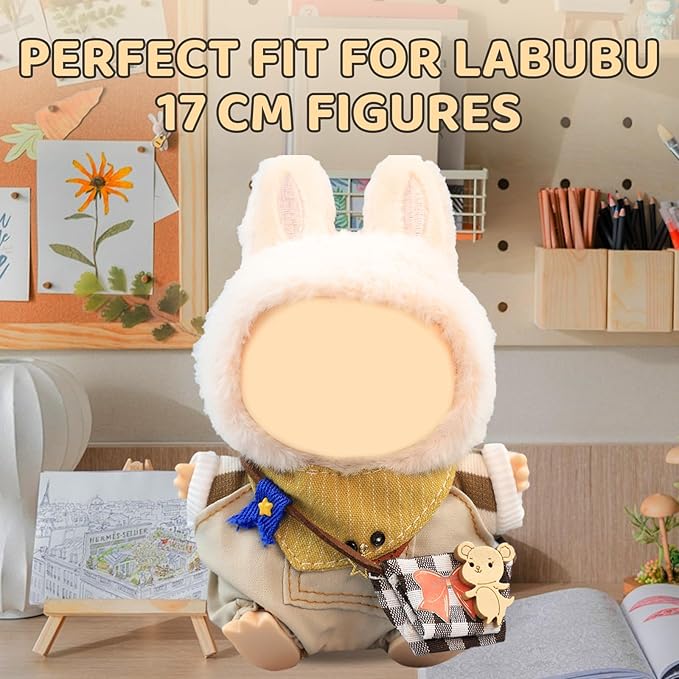17cm Doll Clothes Set for Labubu – Green Outfit with Sweater, Overalls, Scarf & Backpack – Designer Clothes for 17cm Sitting or Standing Dolls (No Doll)